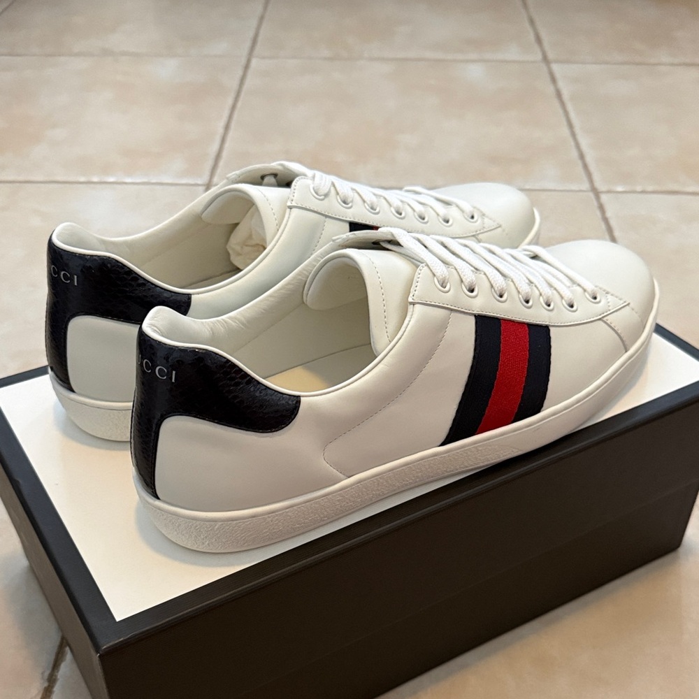 New Gucci White Leather Sneakers with Signature Red and Blue Web